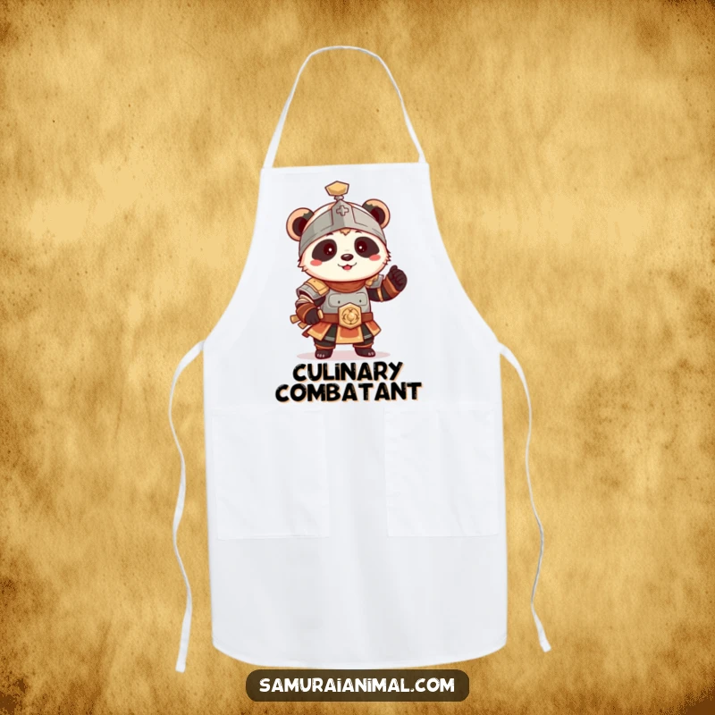 Funny Panda Armor Apron, a tiny panda in ancient armor strikes a playful pose while cooking.