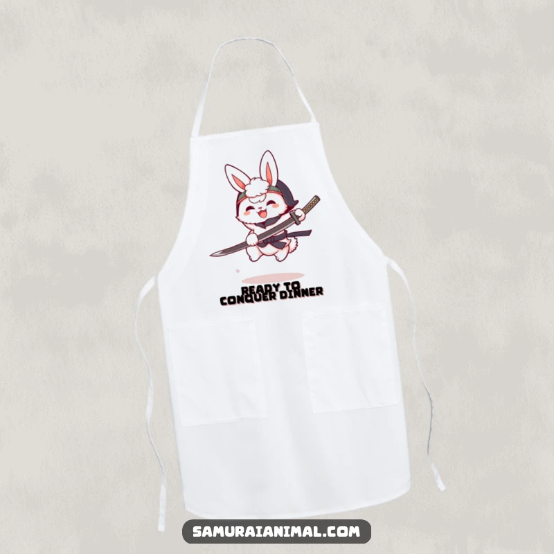 Funny fluffy bunny in a tiny helmet, brandishing cartoon katana, mid-leap, cute warrior apron, kitchen accessory.