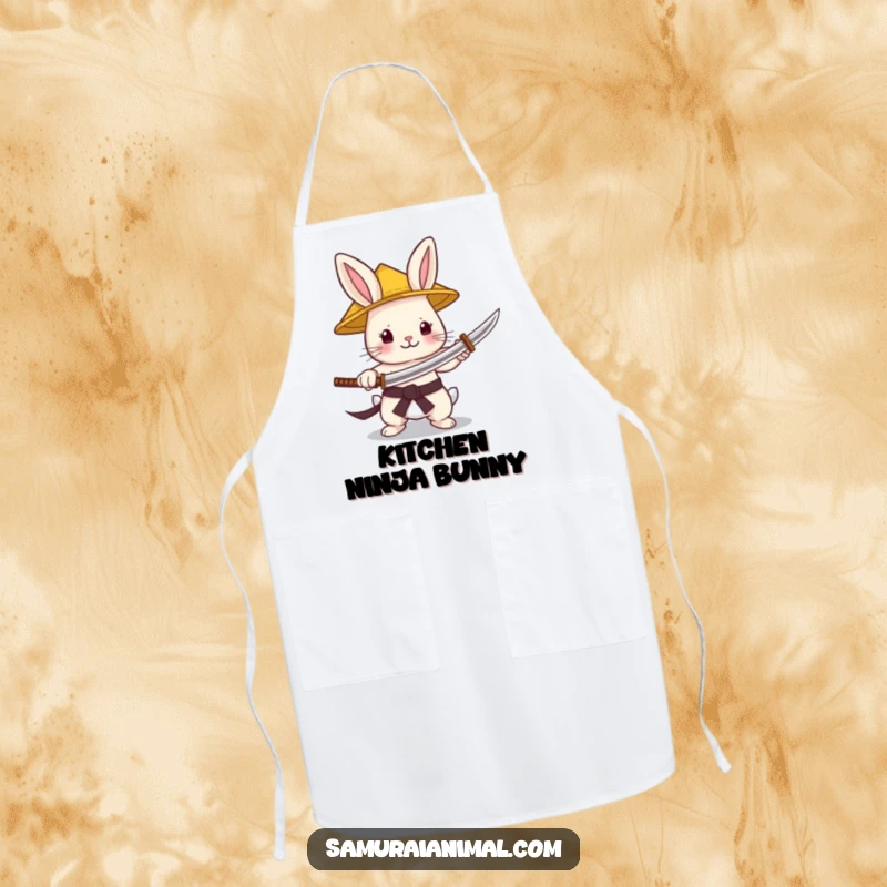 Funny Apron for a tiny bunny warrior in a straw hat gleefully wielding a minuscule katana, ready for culinary adventures.
