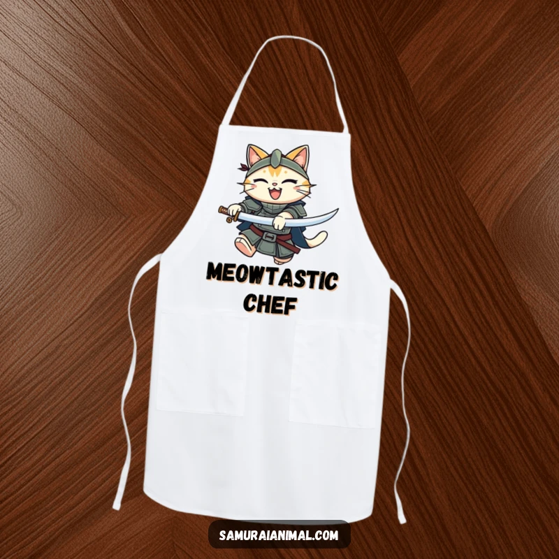 Funny Cat Knight Apron: A smiling armored cat leaping to action, katana secured, ready for kitchen battles.