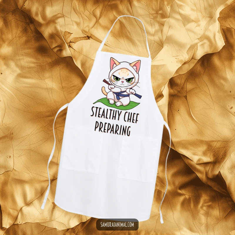 Funny cat character in ninja attire, determinedly rolling on a leaf, a humorous and functional apron.