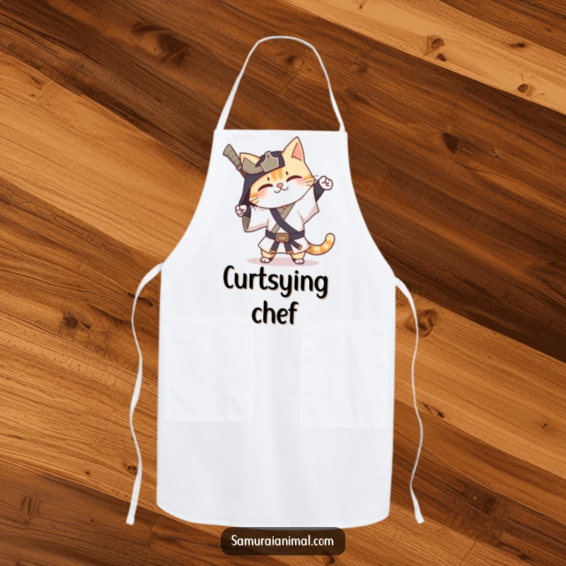 Funny Cat Samurai Apron showing a happy cat warrior performing an exaggerated bow, adding humor to cooking.