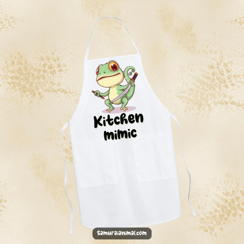 Funny Chameleon Sword Apron: A joyful chameleon swings a samurai sword, ready for kitchen battles with flair.
