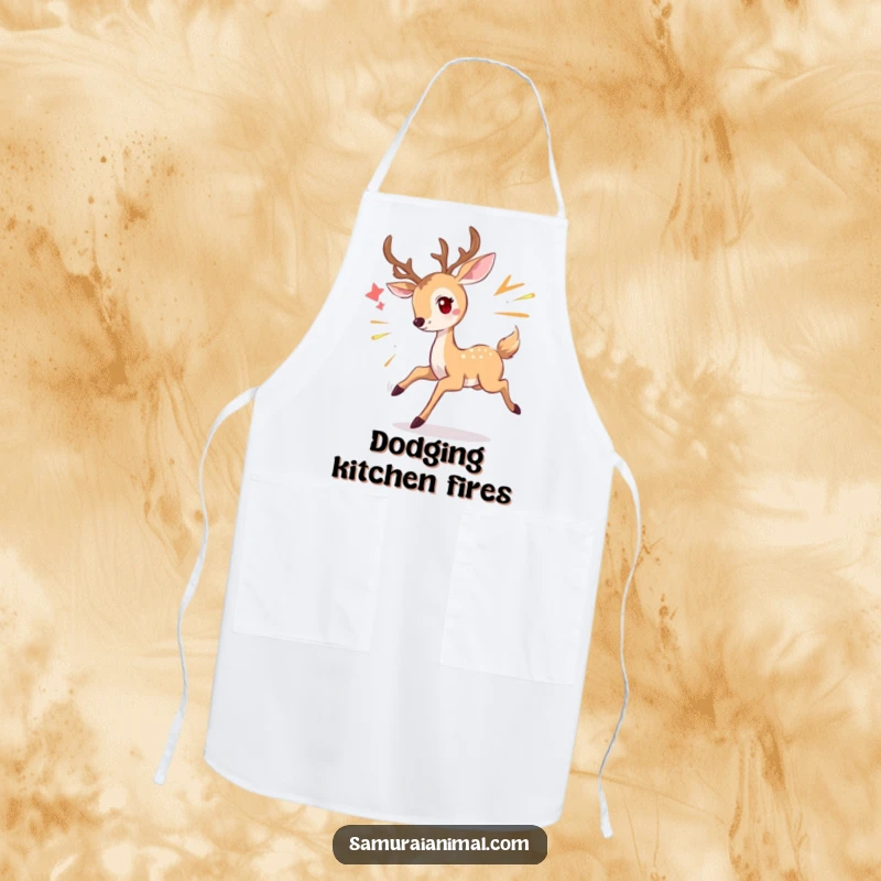 Funny deer apron showing a graceful deer smiling while dodging, ideal for a humorous and elegant cooking experience.