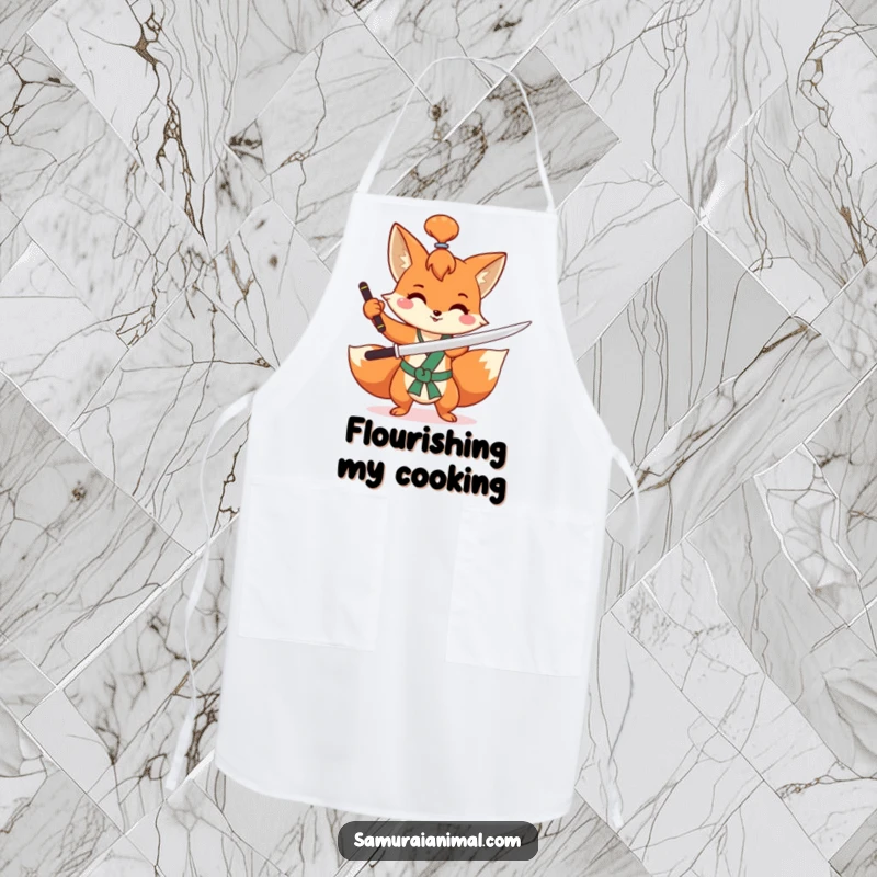Funny fox apron showing a mischievous fox with a topknot, happily practicing a sword flourish, perfect for kitchen fun.