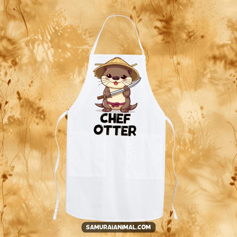 Funny apron depicting a brave otter in a bamboo hat, wielding a miniature katana with confidence.