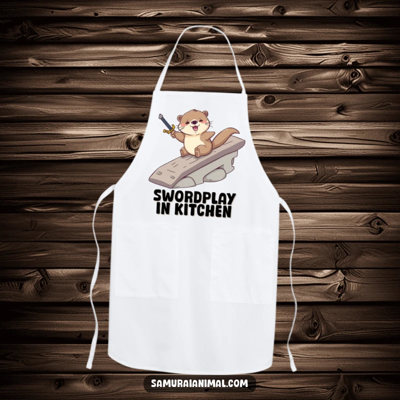 Funny apron featuring a playful otter hero sliding down a ramp with a sword, ready for kitchen battles and tasty treats.