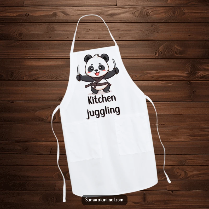 Funny Apron showing a cheerful panda with a wide grin, juggling three tiny katanas while cooking.