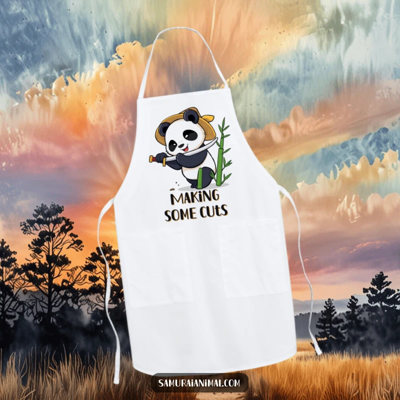 Funny apron depicting a smiling panda wearing a straw hat and wielding a tiny katana to chop bamboo.