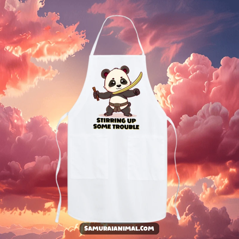 Funny panda warrior apron showing a panda with a bamboo sword in a determined, humorous pose, perfect for kitchen adventurers.