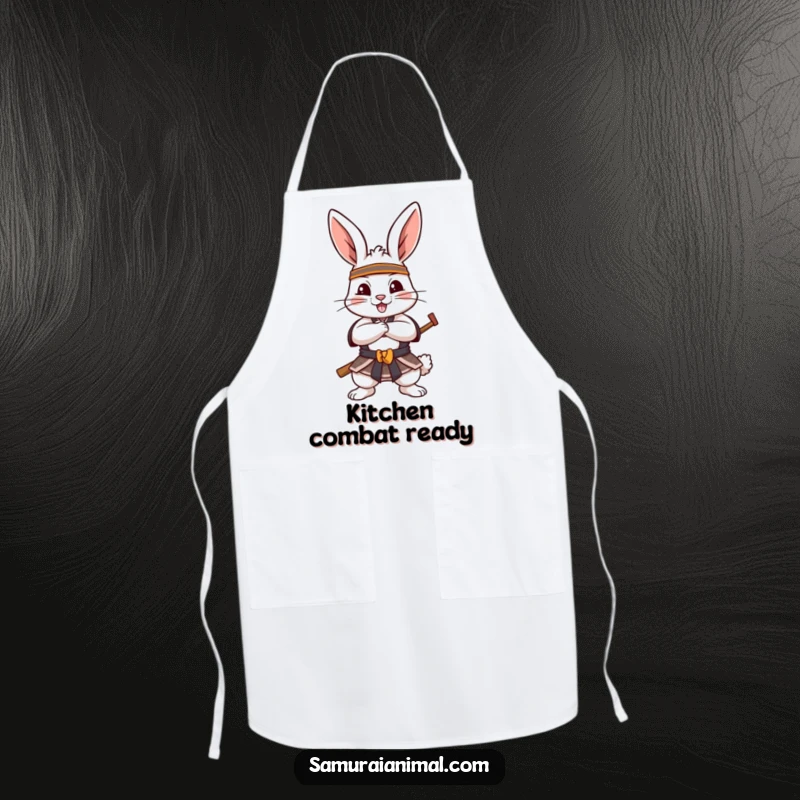Funny Apron depicting a cheerful rabbit in a determined samurai pose, paws crossed, ready to bring warrior fun to the kitchen.