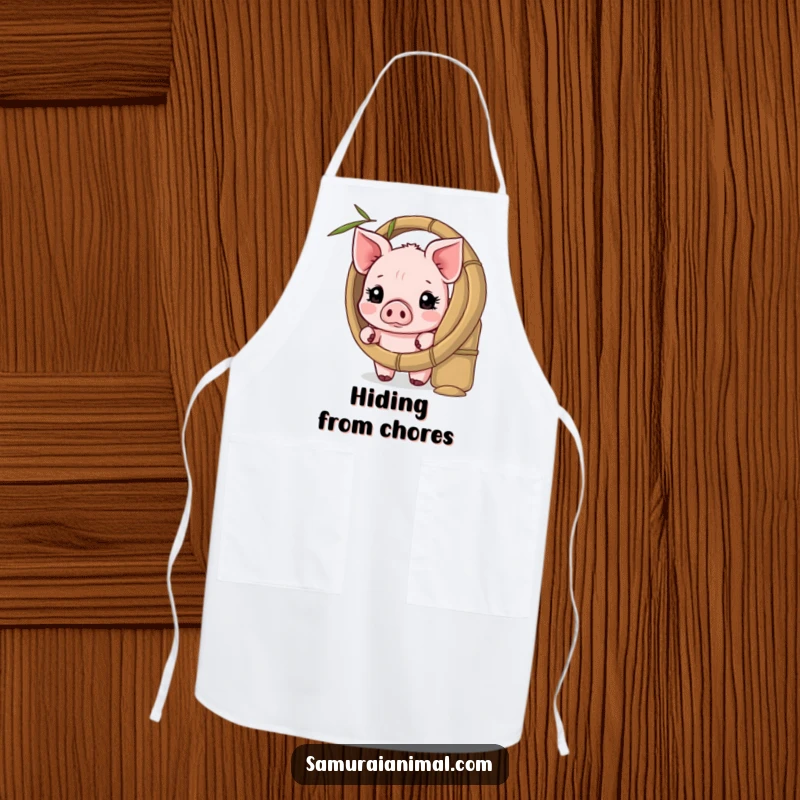 Funny apron showcasing a shy piglet peeking from behind a bamboo shield, perfect for adding cuteness to cooking.