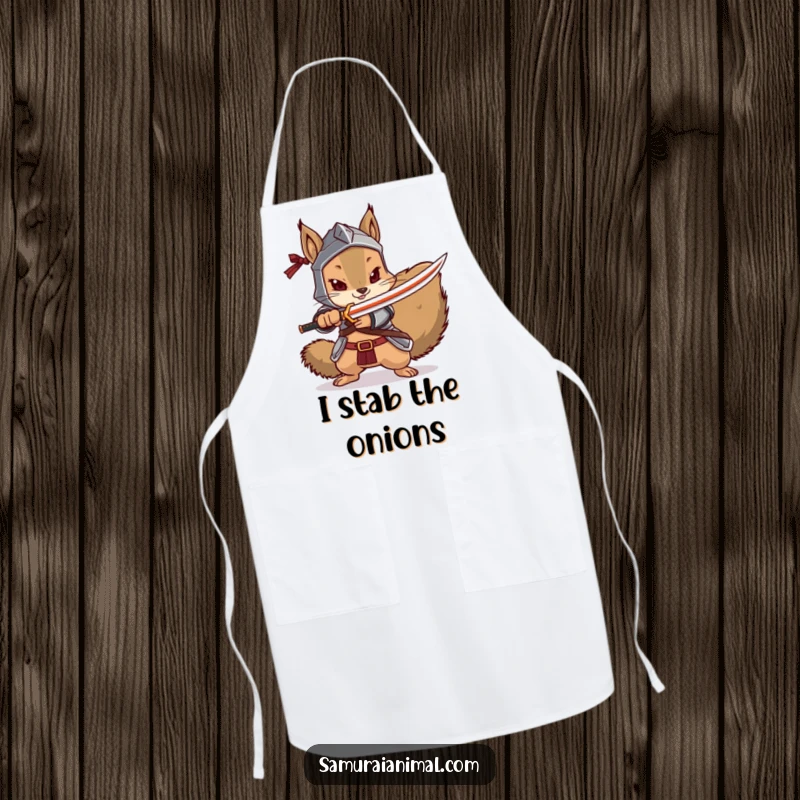 Funny squirrel apron showing an armored squirrel dramatically pointing a tiny katana, ideal for cooking.
