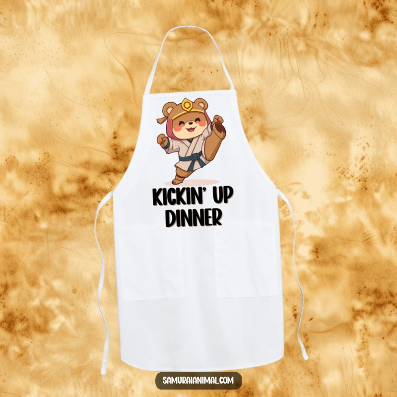 Funny apron depicting a smiling bear dressed as a samurai, awkwardly attempting a martial arts high kick while cooking.