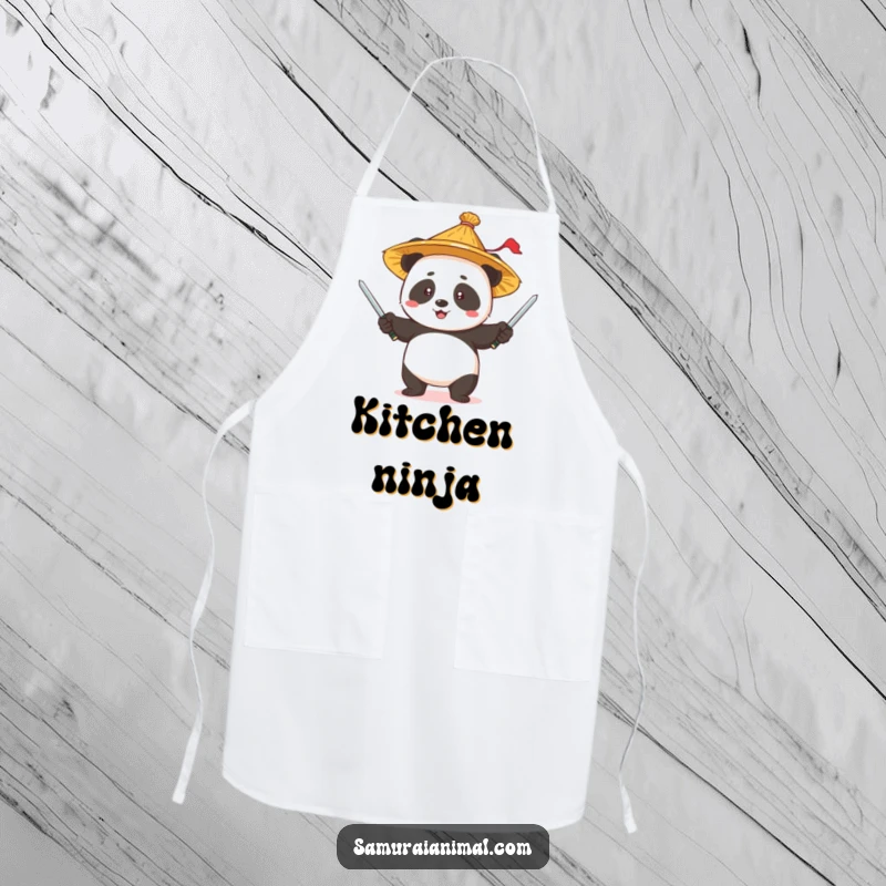 Funny Panda Juggling Apron: A panda wearing a straw hat, juggling swords, ready for kitchen adventures.
