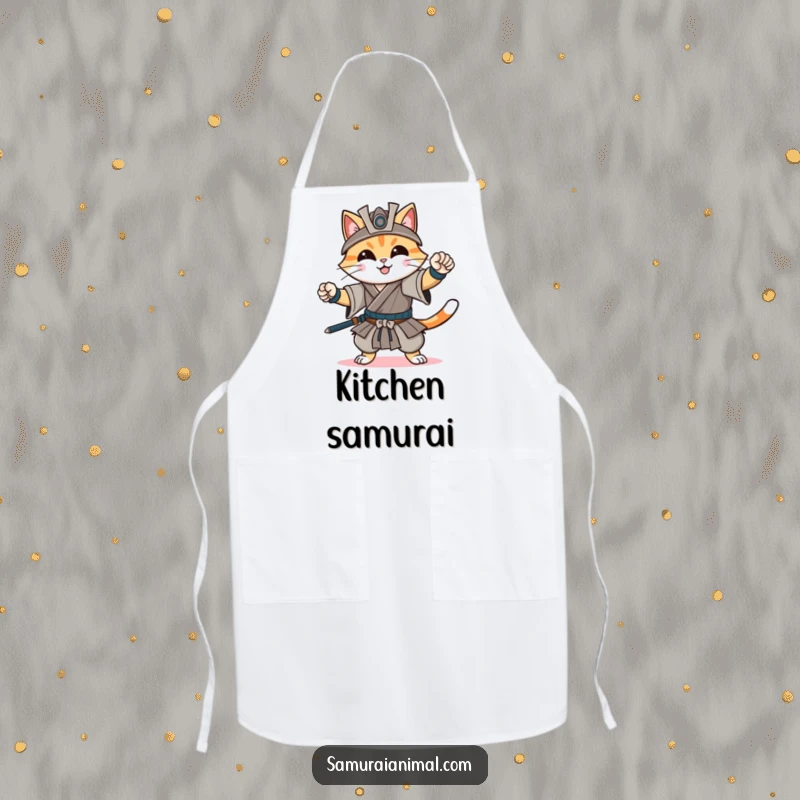 Funny apron depicting a cheerful cat confidently striking a dynamic samurai pose with a gentle smile, ready for kitchen battles.