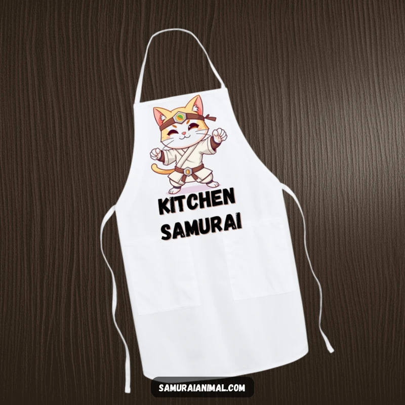 Funny apron featuring a cheerful cat in a strong samurai pose, smiling gently, ready to tackle any kitchen task.