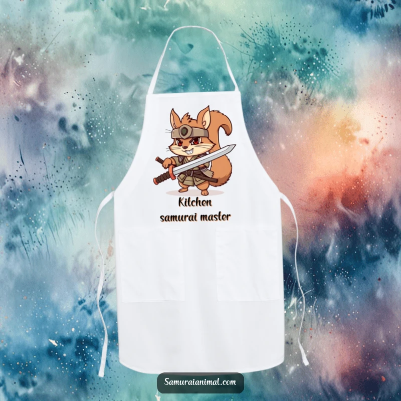 Funny squirrel samurai apron, playful character with wooden katana, determined grin, cute warrior accessory.