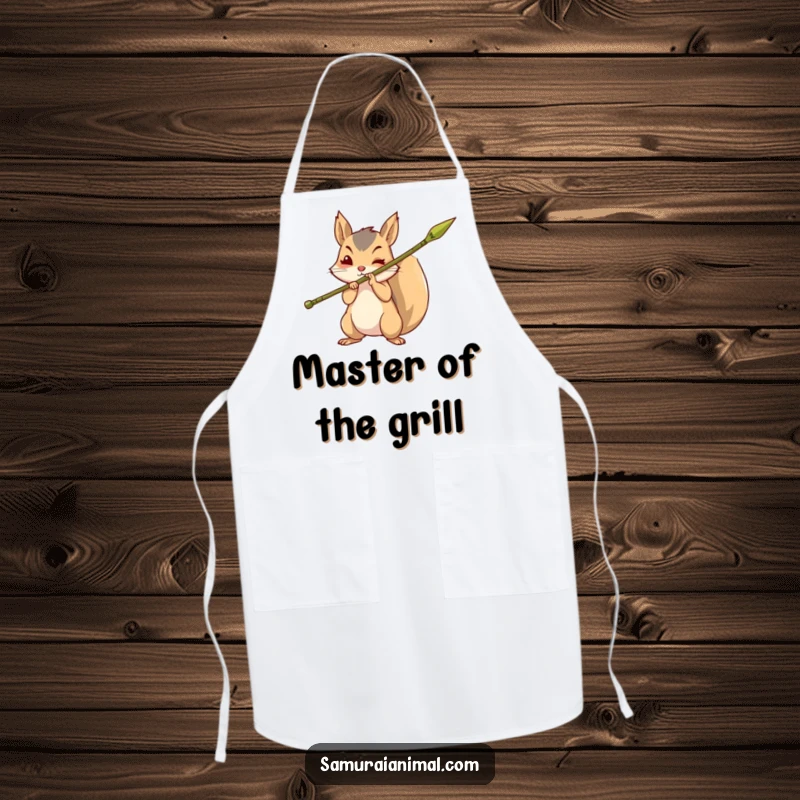 Funny apron showcasing a brave squirrel holding a sharpened bamboo spear, perfect for adding warrior spirit to cooking.
