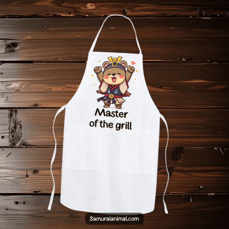 Funny apron depicting a courageous bear dressed as a samurai, cheering with joy, perfect for kitchen battles.
