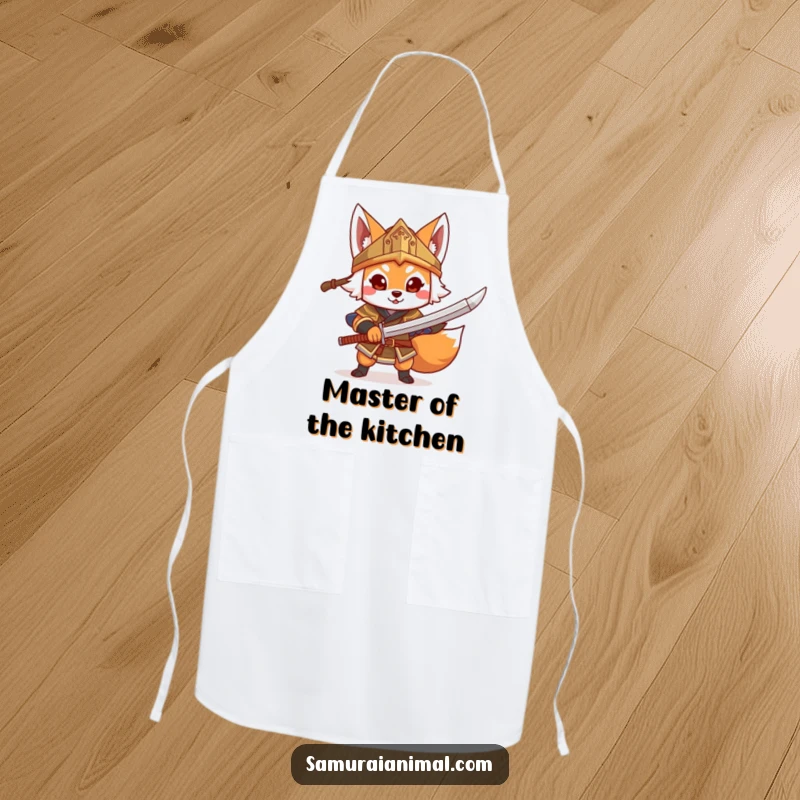 Funny Fox Warrior Apron, a cheerful fox in a helmet brandishes a toy sword while cooking.