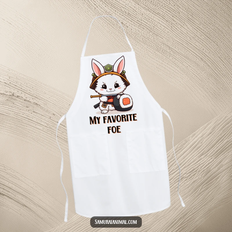 Funny Rabbit Samurai Apron: A humorous apron showing a rabbit warrior in a samurai helmet parrying a sushi roll while cooking.
