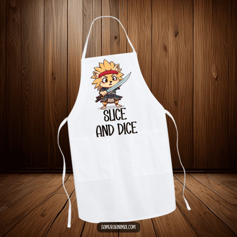Funny Hedgehog Samurai Apron showing a surprised hedgehog warrior mid-flourish, adding humor to cooking tasks.