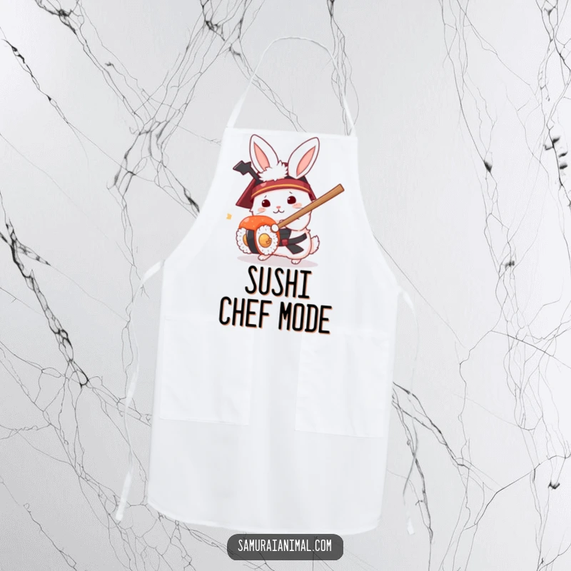 Funny apron depicting a white rabbit in a samurai helmet poised to fight a sushi roll with a tiny sword.