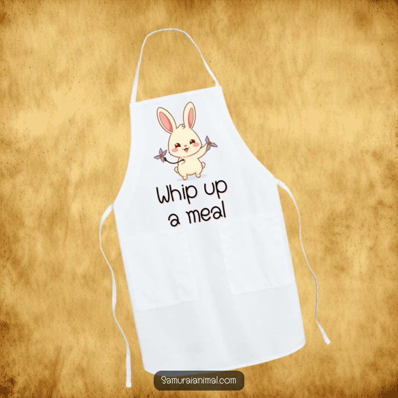 Funny rabbit apron showing a happy bunny playfully spinning a miniature shuriken with a curious gaze, perfect for kitchen fun.