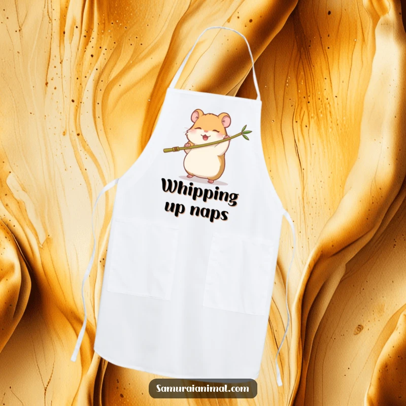 Funny apron depicting a sleepy hamster energetically swinging a miniature bamboo staff, ready to cook with a happy, martial arts flair.