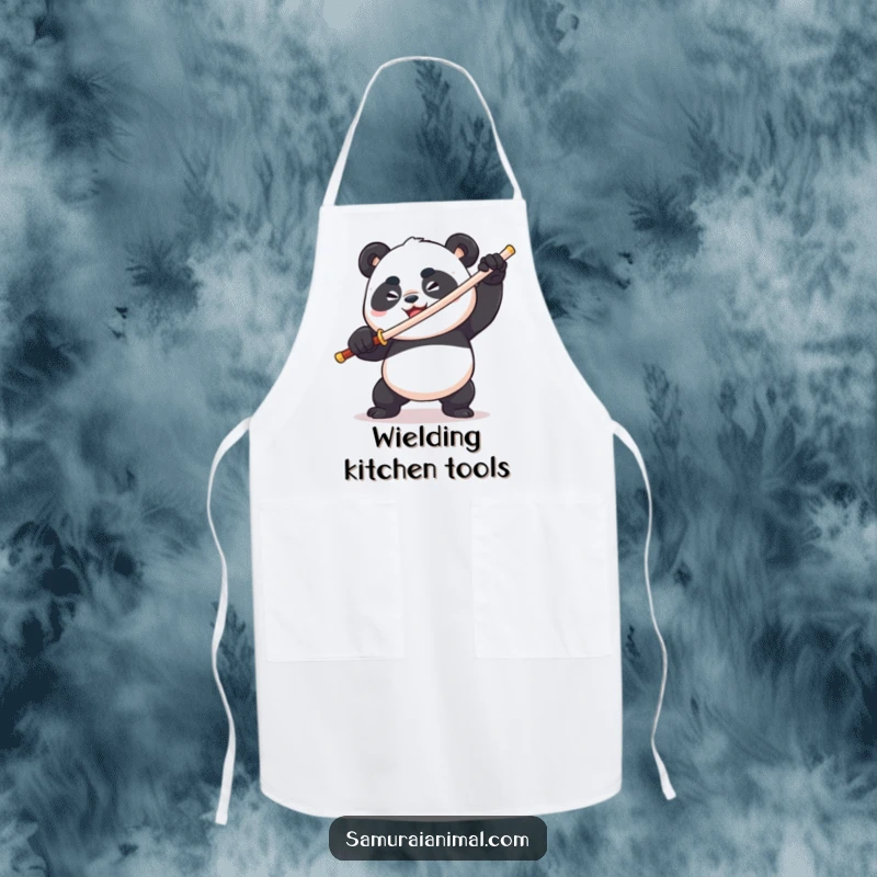 Funny plump panda wielding a toothpick sword, fierce & comical, determined grin, warrior apron, kitchen accessory.