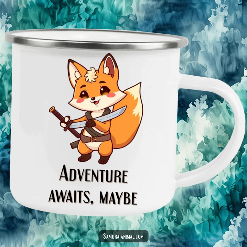 Funny Fox Adventure Camping Mug: A sturdy outdoor mug with a cheerful fox, sword on back, posing dramatically.
