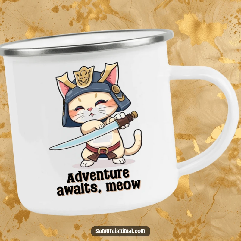 Funny Samurai Cat Camping Mug: Durable mug showing a cat samurai in helmet, attempting a sword trick with a determined, wagging tail.