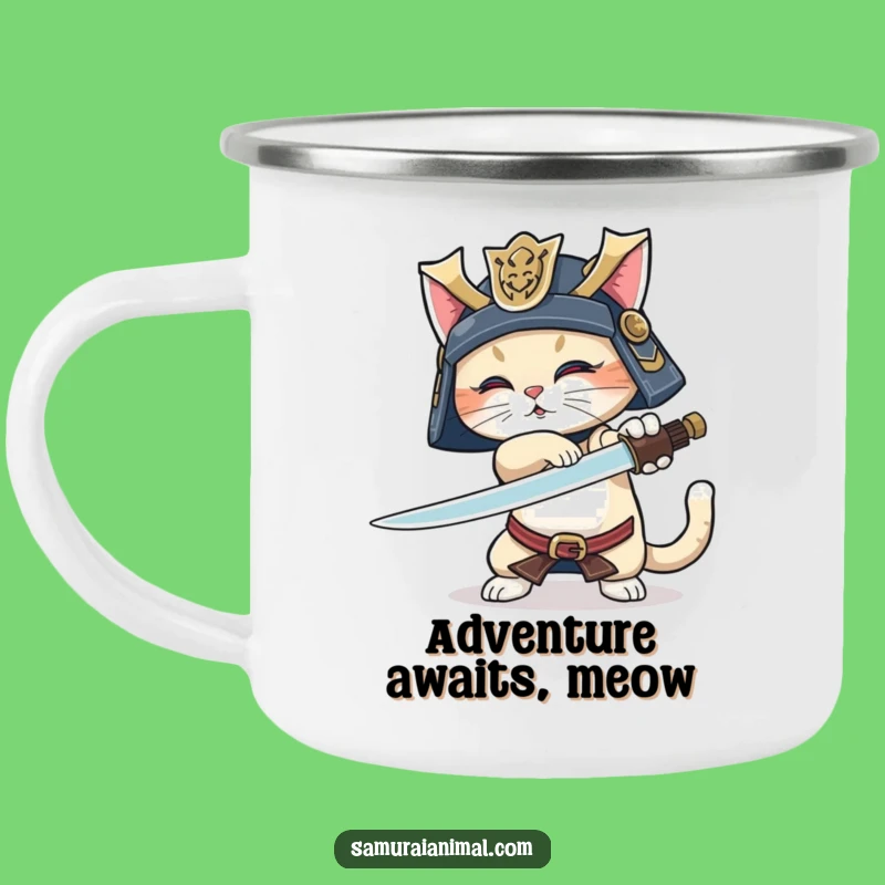 Funny Samurai Cat Camping Mug: Outdoor Warrior, Sword Trick, Wagging Tail, Adventure Funny Gift