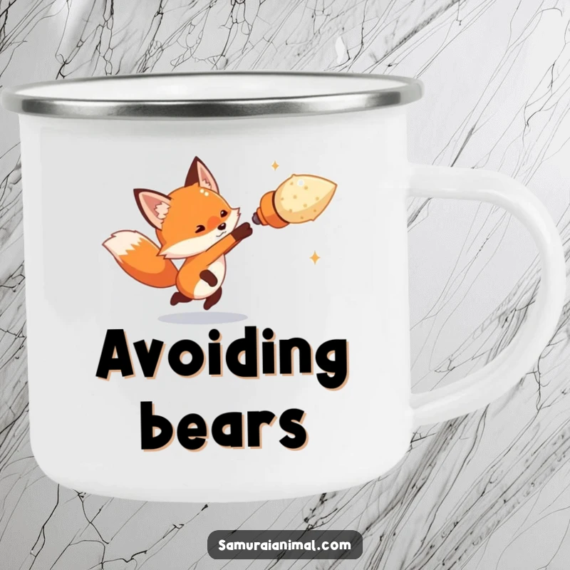 Funny tiny fox artfully dodging an oversized imaginary projectile on a camping mug, a design for agile and humorous outdoor trips.