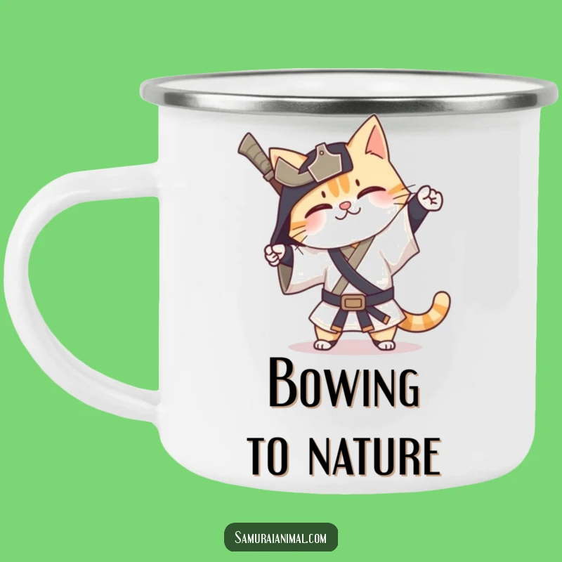 Funny Cat Samurai Camping Mug: Happy Exaggerated Bow Warrior Gift