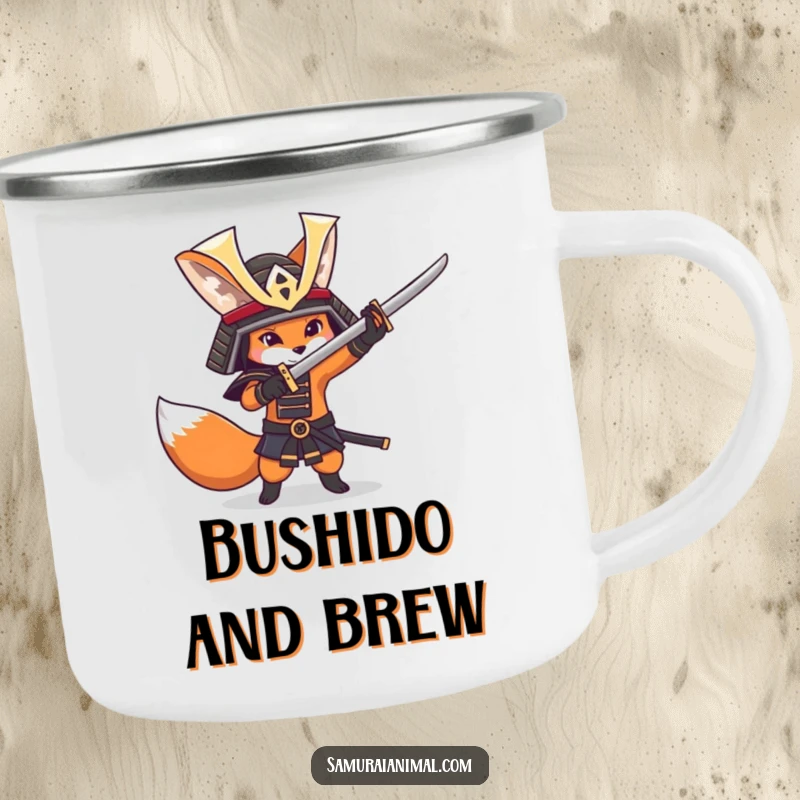 Funny fox character with a samurai helmet playfully swinging a sword, designed for a durable and humorous camping mug.