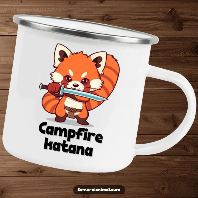 Funny red panda camping mug showing a stylized character in a dramatic sword stance, perfect for rugged outdoor use.