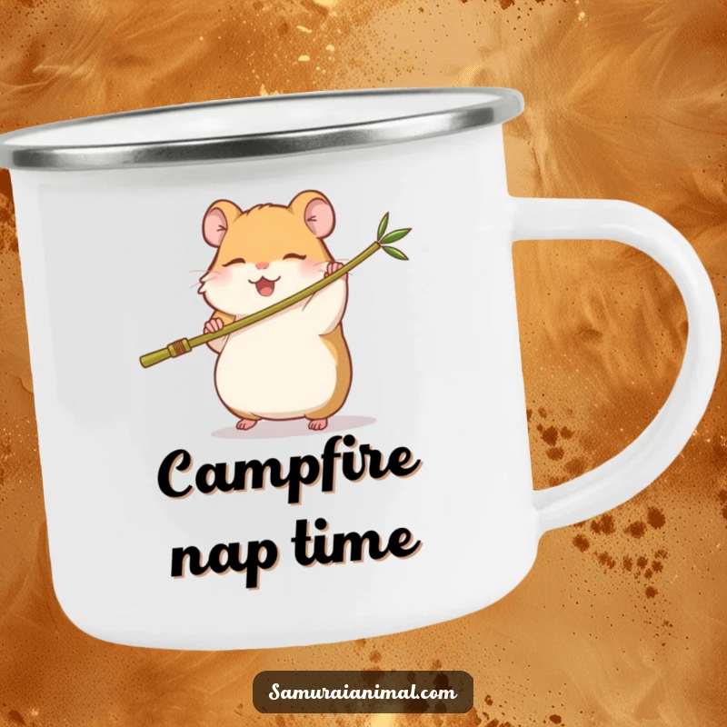 Funny camping mug showing a sleepy hamster playfully swinging a miniature bamboo staff with a happy expression, ready for outdoor fun.