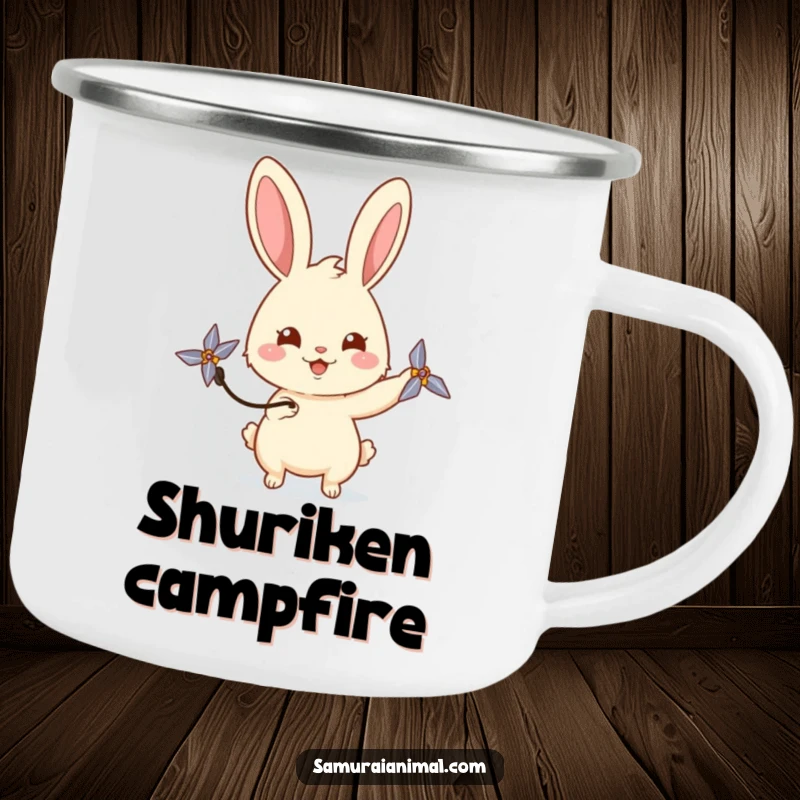 Funny rabbit camping mug showing a happy bunny playfully spinning a miniature shuriken with a curious gaze, perfect for rugged use.
