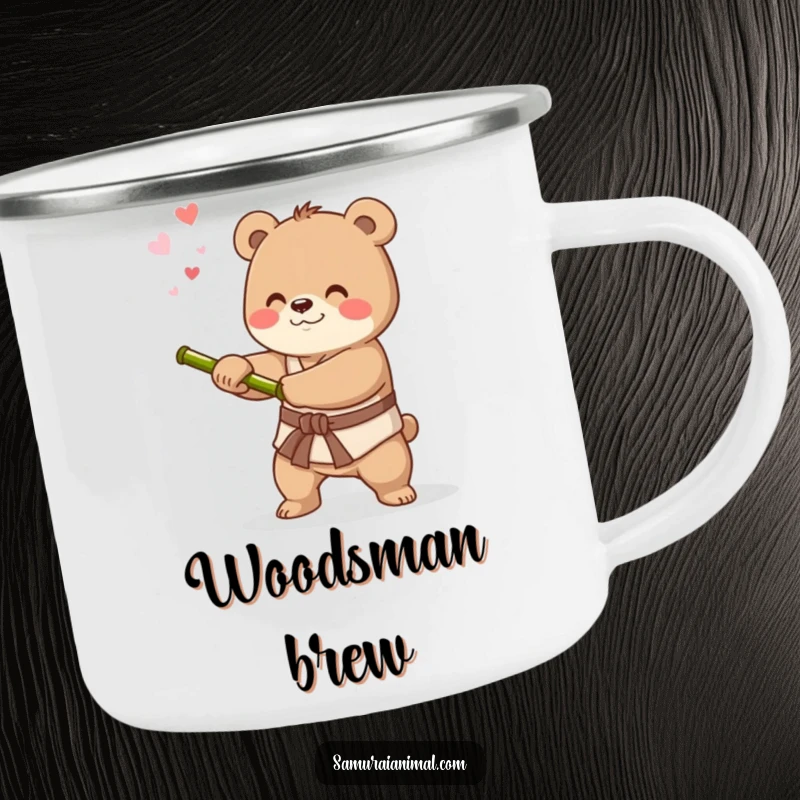 Funny camping mug depicting a happy bear practicing sword swings, perfect for enjoying beverages with a dose of outdoor focus.