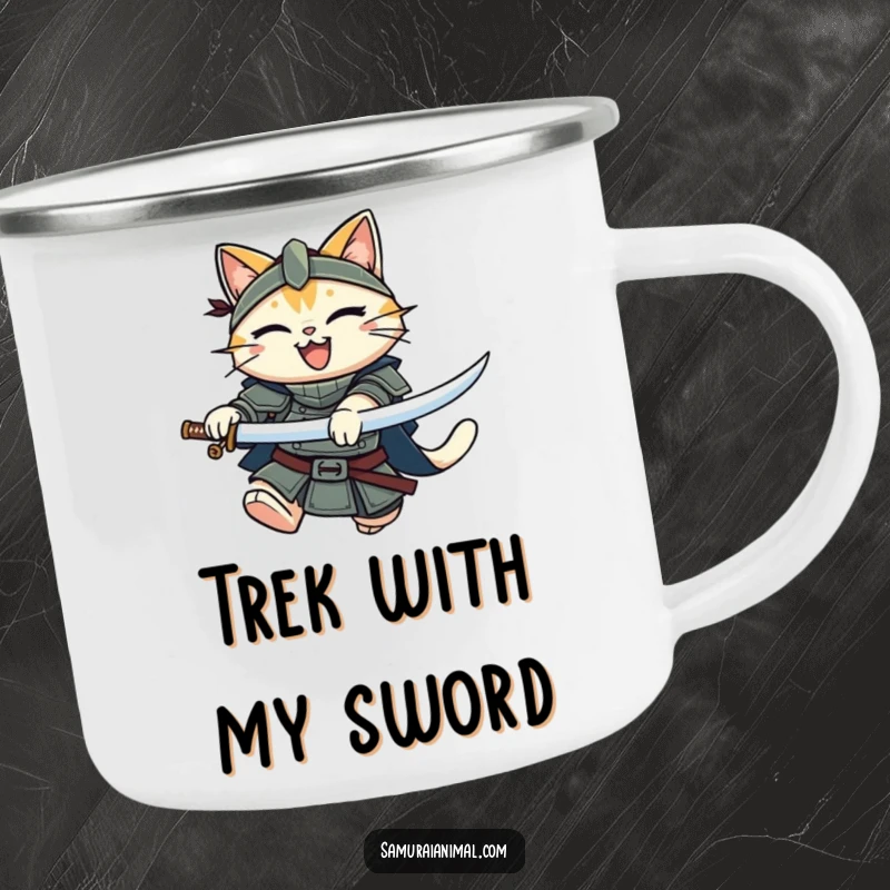 Funny Cat Knight Camping Mug: A smiling armored cat poised to leap with a katana, perfect for campfire tales.