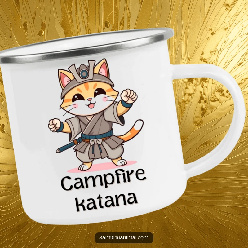 Funny camping mug showing a cheerful cat confidently striking a dynamic samurai pose with a gentle smile, ready for outdoor challenges.