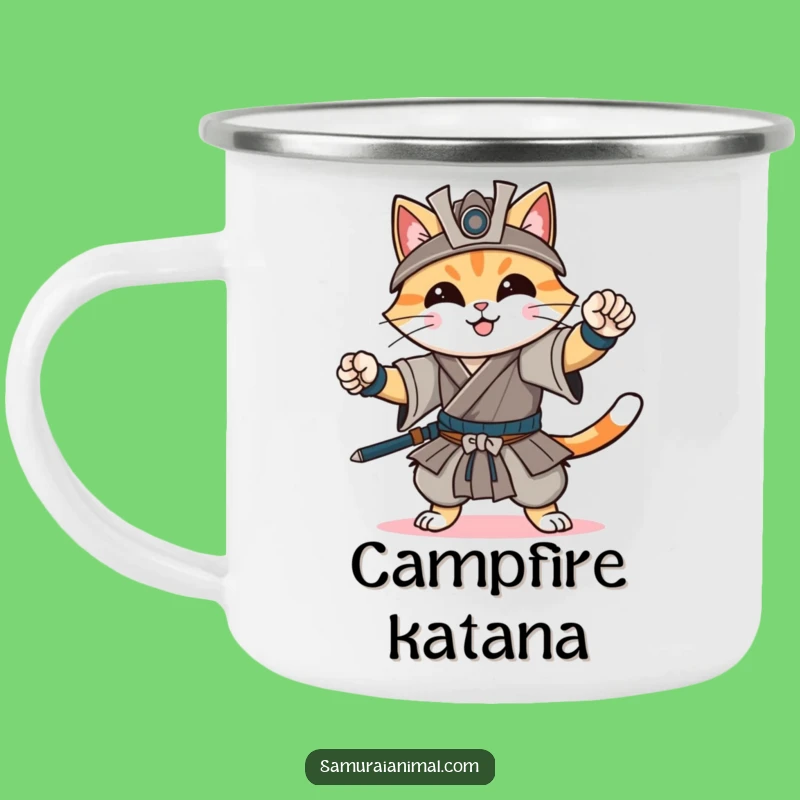 Funny Cat Samurai Camping Mug: Warrior Sips on the Trail