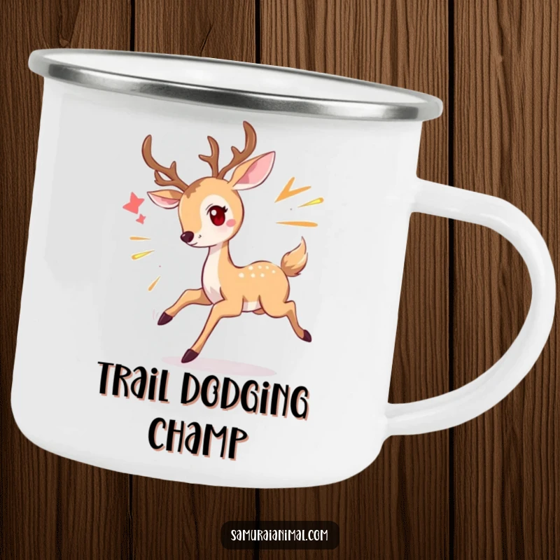 Funny deer camping mug with a graceful deer smiling and dodging, perfect for outdoor enjoyment and whimsical humor.