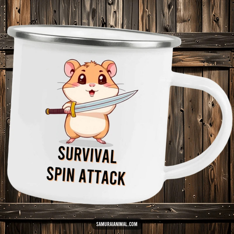 Funny hamster camping mug with a curious hamster with wide eyes performing a spinning sword attack, perfect for outdoor enjoyment.