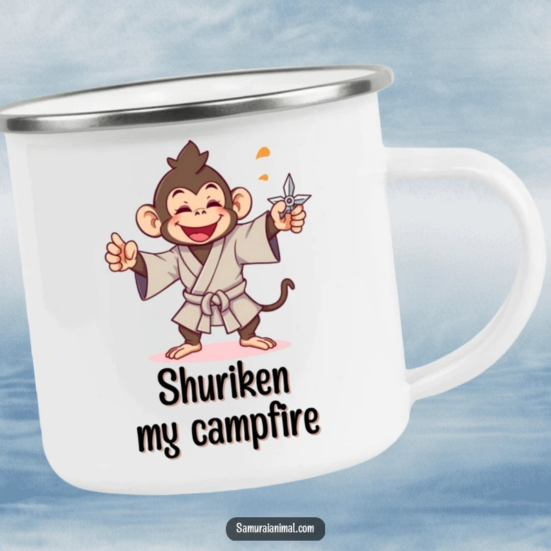 Funny monkey camping mug with a ninja monkey gleefully throwing a shuriken, perfect for outdoor use.