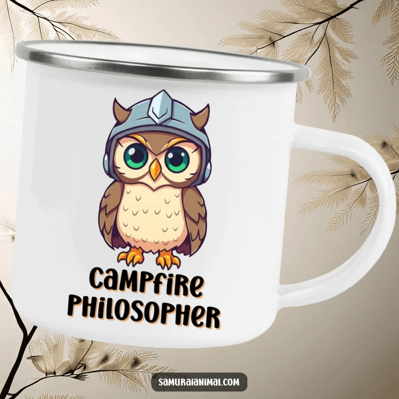 Funny camping mug showing a wise owl in a helmet, observing the outdoors with a gleam, perfect for thoughtful adventurers.