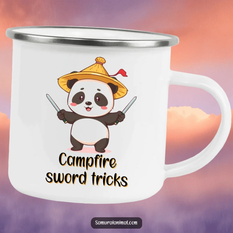 Funny Panda Juggling Camping Mug: A panda in a straw hat juggling swords, perfect for outdoor enjoyment.