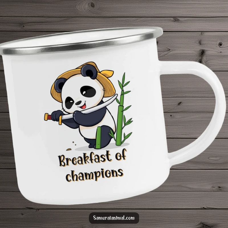 Funny enamel camping mug with a smiling panda in a straw hat, furiously chopping bamboo with a tiny katana.